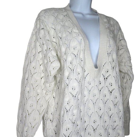 Vintage 80s Harot Pullover Cotton Sweater L White Open Knit V Neck Made in USA - Picture 4 of 10